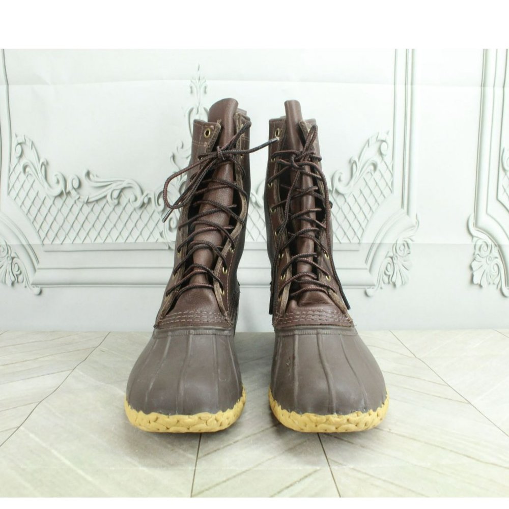 LL Bean Brown Leather Lace Up Unlined Mid Calf Hunting Duck Boots Size 10 N - Picture 4 of 9